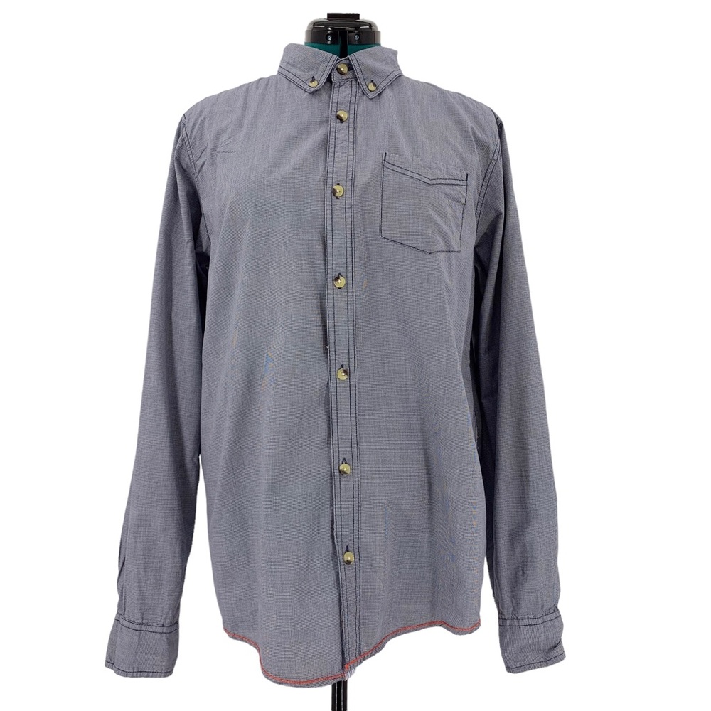 Triple Five Soul Blue and White Mini Houndstooth Print Button Down, Large
